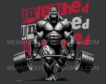 Könnte beinhalten: Eine Schwarzweißillustration eines muskulösen Gorillas, der eine Langhantel hebt. Der Gorilla hat einen entschlossenen Ausdruck. Der Text "Unleashed Unchained" ist in roten Buchstaben über dem Gorilla geschrieben.