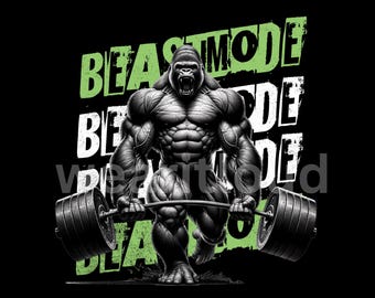 Könnte beinhalten: Schwarzes Grafikdesign mit einem muskulösen Gorilla, der eine Langhantel hebt. Der Text "BEAST MODE" ist in Grün und Weiß dargestellt. Der Gorilla ist in Grautönen gehalten, was seine Statur hervorhebt.