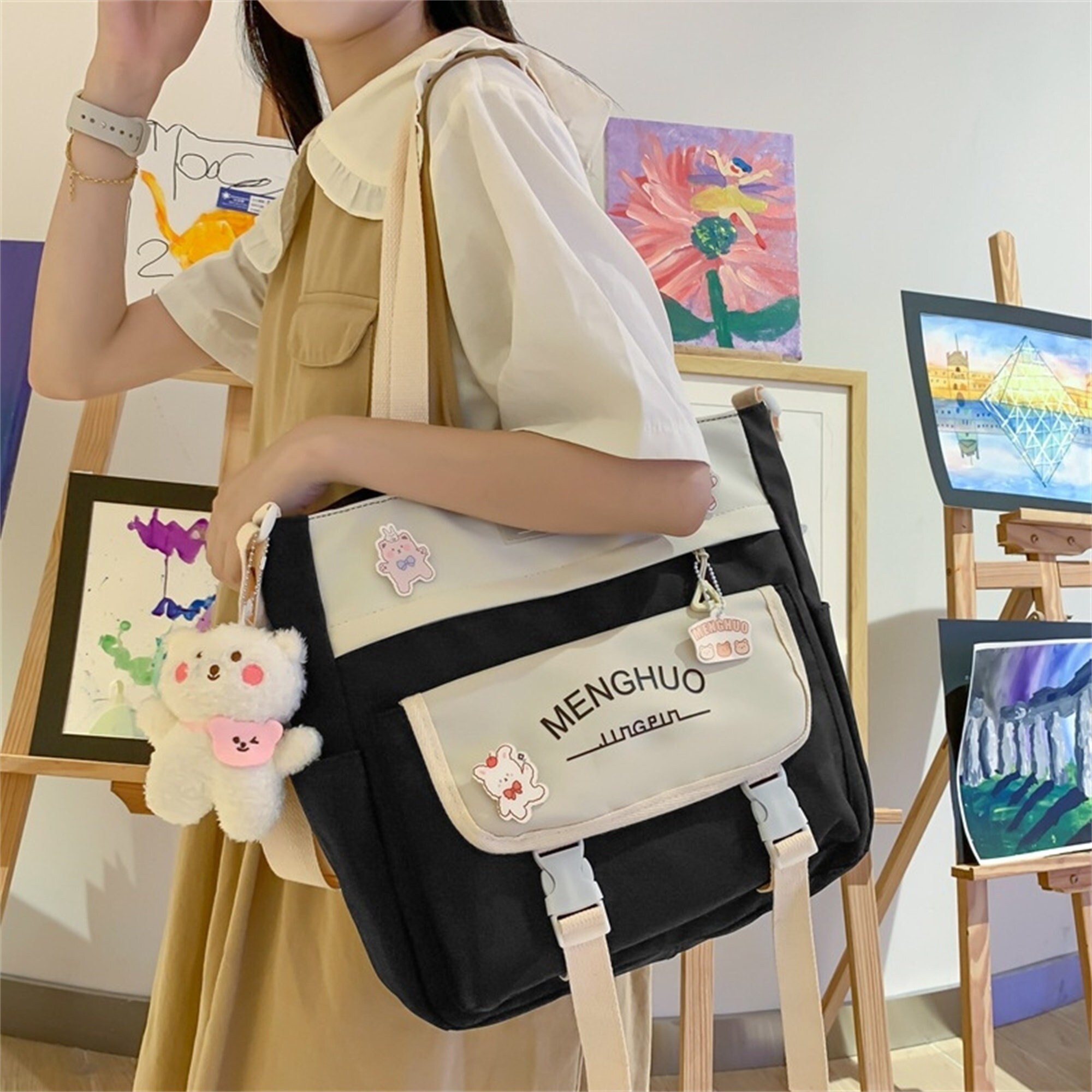 Kawaii Canvas Messenger Bag, Letter Patch Decor Crossbody Bag, Casual  Student Flap Shoulder Bag - Temu