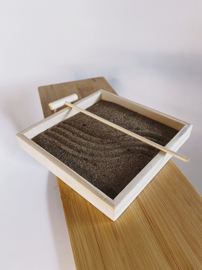 zen garden kit wooden black tray white sand bamboo rake home decor minimalist gift coffee crystals japanese natural boho
