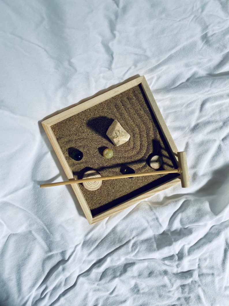 zen garden kit wooden black tray white sand bamboo rake home decor minimalist gift coffee crystals japanese natural boho table