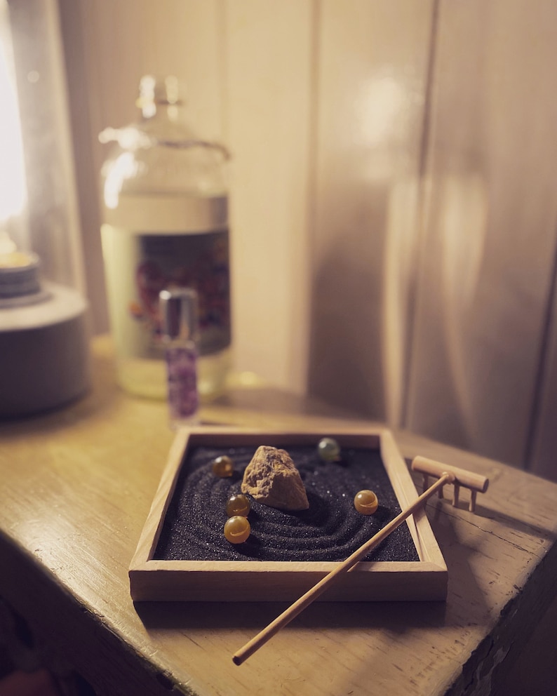 zen garden kit wooden black tray white sand bamboo rake home decor minimalist gift coffee crystals japanese natural boho