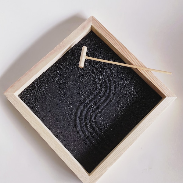 Zen Garden kit - The Square W&B - Free personalized message stamped on tray! Great gift idea - Garden Decor | Desk Accessory | Fidget Toy