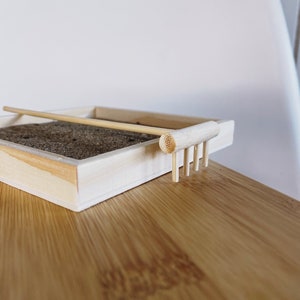 zen garden kit wooden black tray white sand bamboo rake home decor minimalist gift coffee crystals japanese natural boho table
