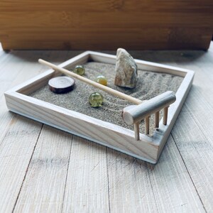 zen garden kit wooden black tray white sand bamboo rake home decor minimalist gift coffee crystals japanese natural boho table
