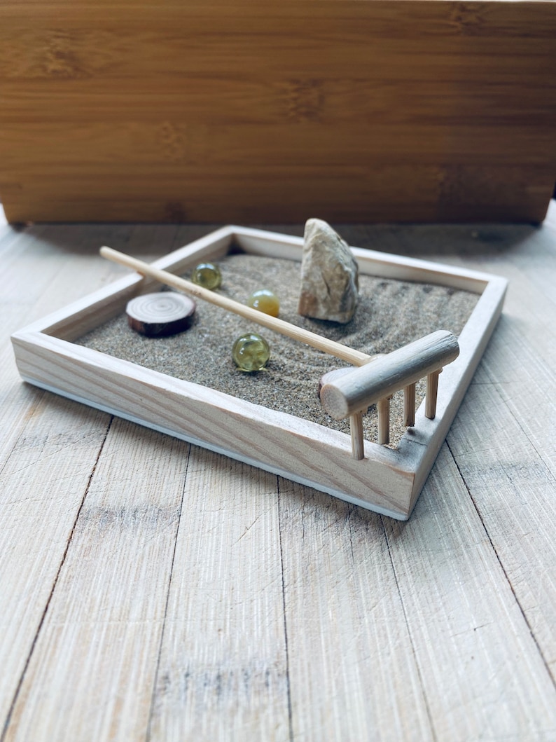 zen garden kit wooden black tray white sand bamboo rake home decor minimalist gift coffee crystals japanese natural boho table