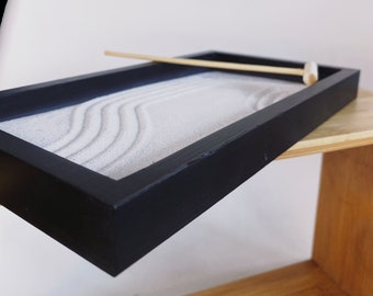 LAST CHANCE - Zen Garden Kit: Black Wood Tray, White Sand, Bamboo Rake (12x22cm)