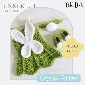 English PDF Crochet Pattern Tinkerbell Fairy Dress Set Chunky Yarn 3 Sizes Newborn-6 Months Instant Download Costume Outfit Halloween Baby