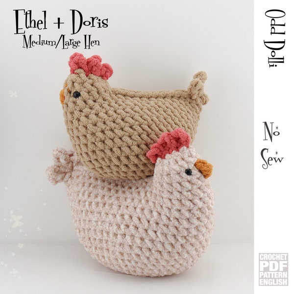 2 x No Sew English PDF Crochet Pattern Plush Ethal Large + Doris Medium Hen Squishy Instant Download Amigurumi Farm English Easter Chicken