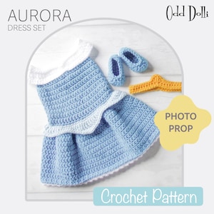 English PDF Crochet Pattern Sleeping Beauty Princess Aurora Dress Set Chunky Yarn 3 Sizes Newborn-6 Months Instant Download Costume Outfit