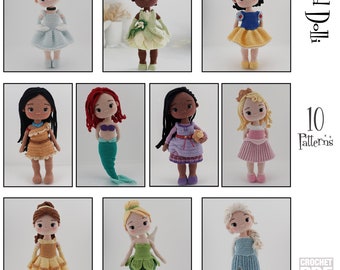 10 English PDF Crochet Princess Patterns American Terms Elsa Ariel Asha Pocahontas Tiana Cinderella Belle Snow White Tinkerbell Aurora