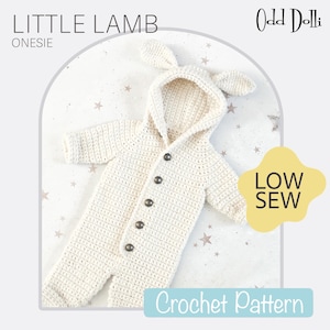 May include: Crochet pattern for a white baby onesie with a hood and ears, resembling a lamb. The pattern is called "Little Lamb Onesie" and is labeled "Low Sew" and "Odd Dolli Crochet Pattern".