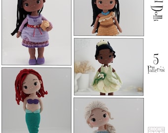 5 English PDF Crochet Princess Patterns Instant Download English Only American Terms Queen Elsa Ariel Asha Pocahontas Tiana Mermaid Fairy