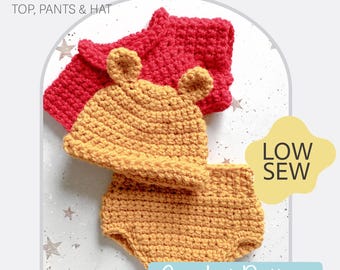 English PDF Crochet Pattern Baby Pooh Bear Hat, Top and Nappy