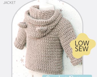 May include: A crochet pattern for a beige hooded bear jacket. The pattern is called "Bear Jacket" and is a "Low Sew" pattern. The pattern is from "Odd Dolli".