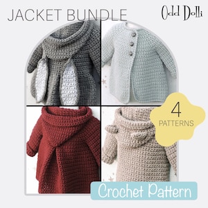 English 4 PDF Crochet Patterns Jacket Bundle Bear Bunny Aline Pixie Hood 5 Sizes 6 Months - 6 Years Instant Download Top Down Seamless Coat