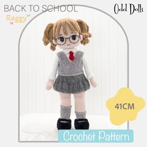 May include: A 41CM crochet doll with light brown hair in pigtails, wearing round black glasses, a white collared shirt with a red tie, a gray vest, a gray pleated skirt, gray socks, and black shoes. The text reads BACK TO SCHOOL, Odd Dolli, 41CM, and Crochet Pattern.