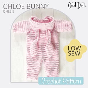 May include: Pink crocheted baby onesie with bunny ears. The onesie is called "Chloe Bunny Onesie" and is a "Low Sew" crochet pattern.