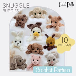 Puede incluir: Una colección de diez patrones de animales de ganchillo, incluyendo un oso, un conejo, un pato, un perro, un cerdo y un gato. La imagen presenta el texto "Snuggle Buddies" y "Crochet Pattern". Los patrones se muestran sobre una superficie blanca.