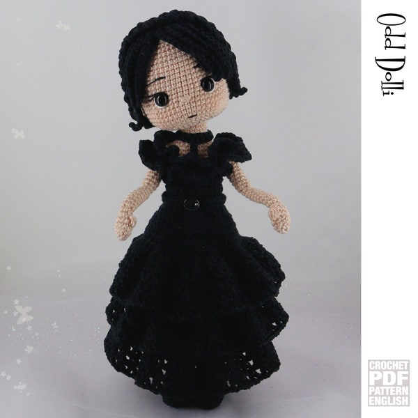 English PDF Crochet Pattern Halloween Doll  in Winter Party Outfit Instant Download  Gothic Doll  English  American Terms Amigurumi Spooky