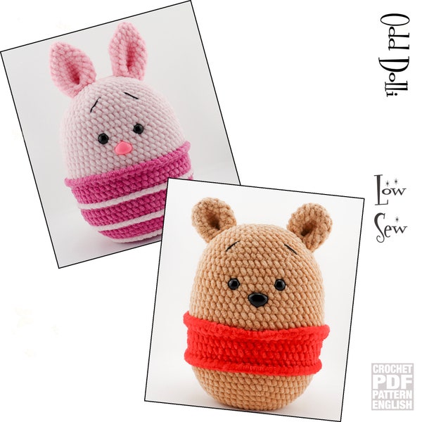 2 x Low Sew English PDF Crochet Pattern Plush Pooh Bear and Piglet Squishy Instant Download Amigurumi Doll English Only American Terms Teddy