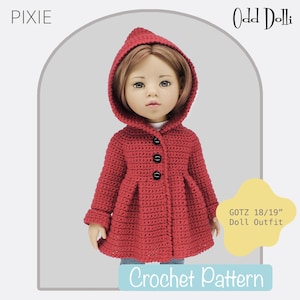 English PDF Crochet Pattern GOTZ/Designafriend 18" Doll Pixie Hood Jacket Instant Download Top Down Seamless Jumper Sweater Cardigan Coat