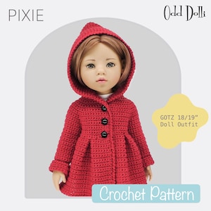 May include: Crochet pattern for a red hooded coat for an 18/19 inch doll. The pattern is called "Pixie" and is for a Gotz doll outfit.