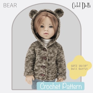 English PDF Crochet Pattern GOTZ/Designafriend 18" Doll Hooded Bear Jacket Instant Download Top Down Seamless Jumper Sweater Cardigan Teddy