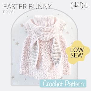Puede incluir: Un vestido de crochet rosa claro de conejito de Pascua con orejas de conejo. El vestido tiene un cuello alto y un patrón de puntada texturizado. El texto "Easter Bunny Dress" está en la parte superior y "Crochet Pattern" en la inferior.