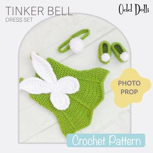 English PDF Crochet Pattern Tinkerbell Fairy Dress Set 3 Sizes Newborn-6 Months Instant Download Costume Outfit Halloween Baby Photo Wings