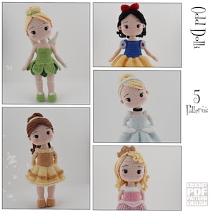 5 English PDF Crochet Princess Patterns Instant Download English Only American Terms Belle Tinker Bell Snow White Aurora Cinderella Fairy