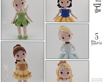 5 English PDF Crochet Princess Patterns Instant Download English Only American Terms Belle Tinker Bell Snow White Aurora Cinderella Fairy