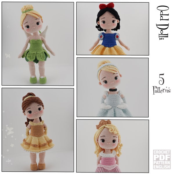 5 English PDF Crochet Princess Patterns Instant Download English Only American Terms Belle Tinker Bell Snow White Aurora Cinderella Fairy