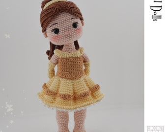 English PDF Crochet Pattern Princess Belle Instant Download English Only American Terms Amigurumi Fairy Tale Beauty and the Beast ball dress