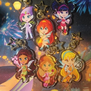 Winx Club Keychains/Charms and Holographic Stickers, Bloom, Stella, Flora, Musa, Layla, Tecna