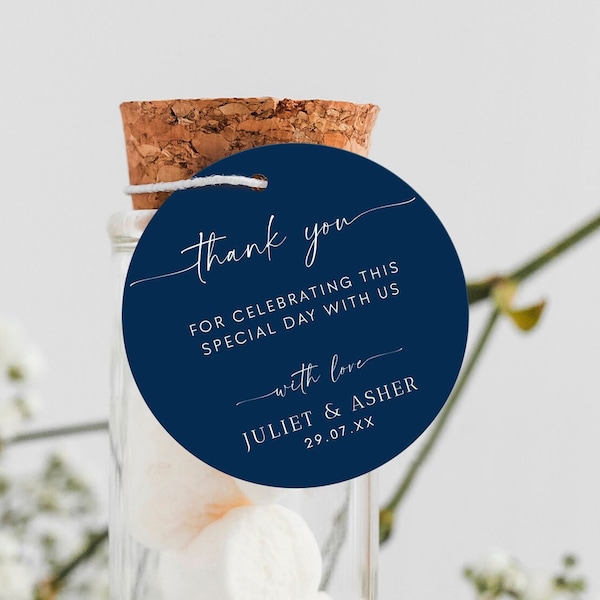 Navy Blue 2 Inch Round Thank You Favor Tag, Rustic Blue Wedding Gift Bag Favor Tag Template Circular Thank You Tag Printable Favor Tag #NAVY