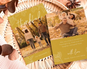 Thanksgiving Family Photo Card Editable Template | Thankful Photo Printable Card Template | Autumn Leaves | Holiday Card Yellow & Gold #MC1