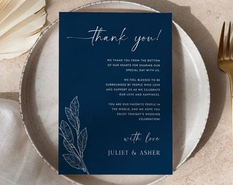 Rustic Blue Wedding Table Thank You Note Template, Boho Blue Thank You Napkin, Navy Blue Place Setting Thank You Card Editable Card #NAVY