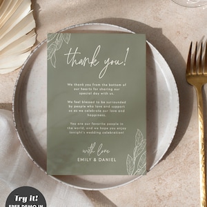 Sage Wedding Table Thank You Note Template | Minimalist Thank You Napkin | DIY Place Setting Thank You Card | Editable Instant Download #SG1