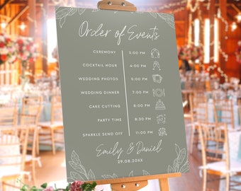Sage Green Order of Events Wedding Sign Printable Template, Modern Minimalist Ceremony Timeline Sign Foam Board Schedule Itinerary Sign #SG1