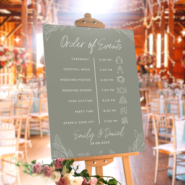 Sage Green Order of Events Wedding Sign Printable Template, Modern Minimalist Ceremony Timeline Sign Foam Board Schedule Itinerary Sign #SG1