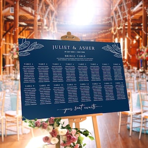 Navy Blue Wedding Table Seating Sign Template, Large Landscape Boho Blue Seating Chart Plan, Editable Printable Seating Arrangement #NAVY