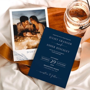 Boho Blue Wedding Invite Card Printable Template Photo Wedding Invitation, Rustic Navy Blue Wedding Invite 5x7 Card Wedding Invite #NAVY