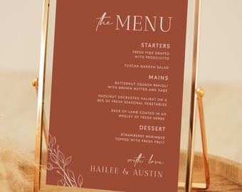 Burnt Orange Small Wedding Menu Table Sign Editable Template, Terracotta Wedding Small Dinner Menu Plate Card 5x7, Printable Menu #H1