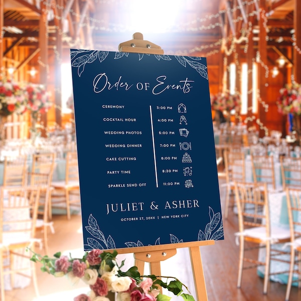 Rustic Blue Order of Events Wedding Sign Editable Template, Modern Navy Blue Ceremony Timeline Sign Foam Board Schedule Itinerary Sign #NAVY