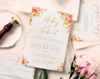 Fall Wedding Invitation Template Suite | Rustic RSVP Card & Reception Card | Boho Invitation Suite | Autumn Wedding Printable Invite #FL1