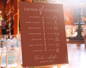 Wedding Day Order Of Events Editable Sign, Terracotta Wedding Timeline Sign, Minimal Order Of The Day Sign, Large Wedding Reception Sign#AU1