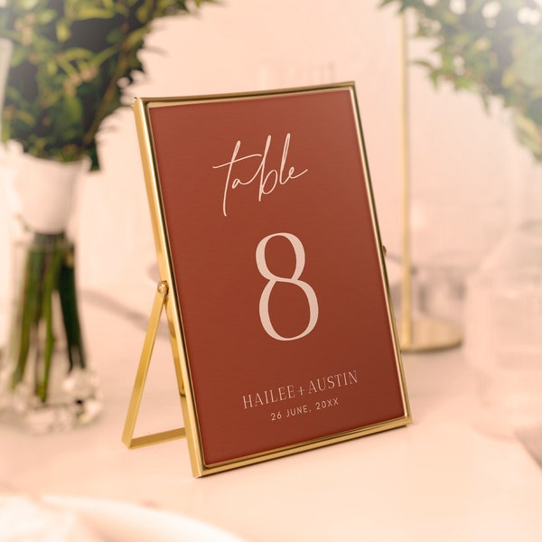 Terracotta Wedding Table Number Sign Editable Template, Burnt Orange Wedding Table Number Card, Desert Wedding, Elegant Script Numbers #AU1