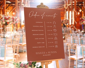 Terracotta Wedding Order of Events Sign Template, Modern Ceremony Schedule Sign, Wedding Timeline, Itinerary Sign Burnt Orange Templett #AU1
