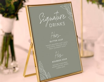 Sage Green Wedding Signature Drinks Sign Template, Modern Minimalist Wedding Signature Drink Table Decor, His And Hers Drinks Signs #SG1